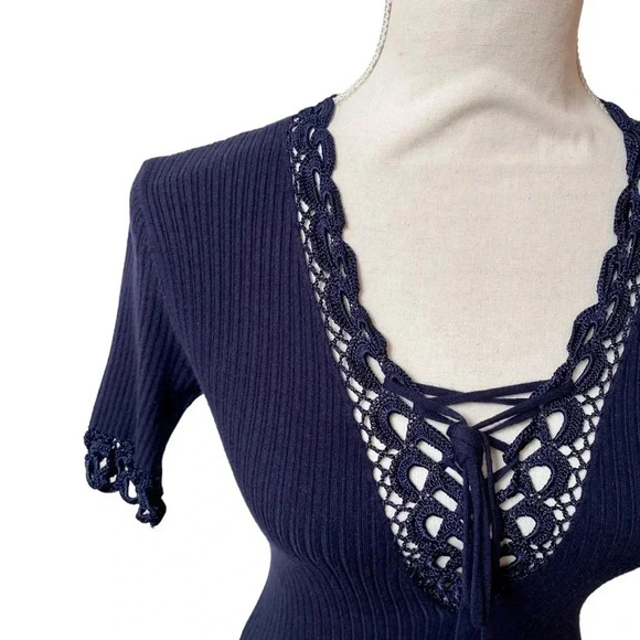 Jonathan Simkhai Crochet Knit Deep V-Neck Fit & Flare Dress Navy XS - Picture 4 of 16